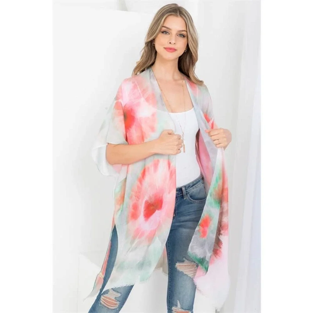 Pink Green Sunburst Print Tie Dye Open Front Kimono - Picture 4 of 6